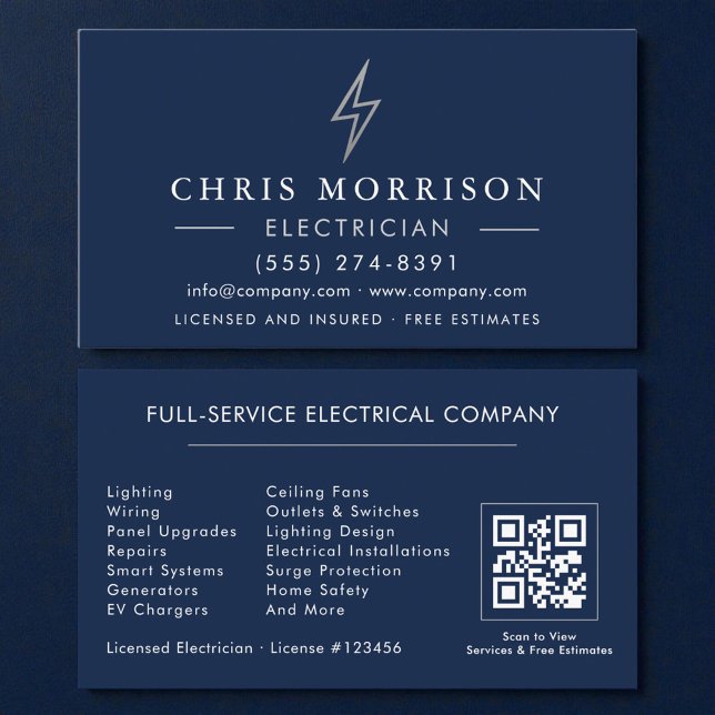 Navy Blue Silver Electrician QR Code  Business Card (Creator Uploaded)