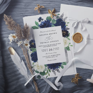 Navy Blue Silver Elegant Floral QR Code Wedding Invitation