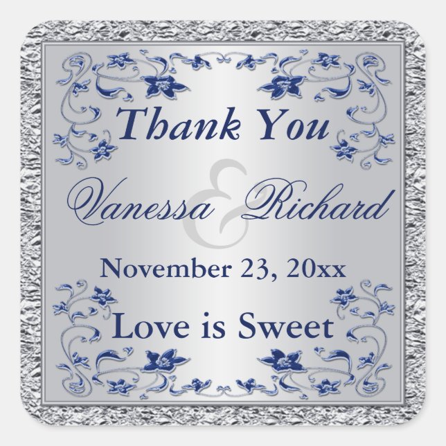 Navy Blue Silver FAUX Foil Wedding Favour Sticker (Front)