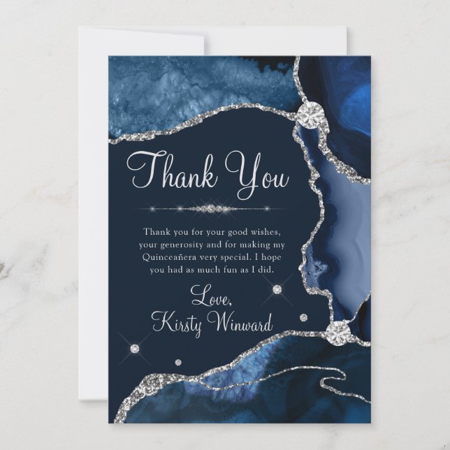 Navy Blue & Silver Faux Glitter Agate Quinceanera Thank You Card (Front)