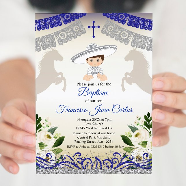 Navy Blue Silver Fiesta Boy Baptism Christening Invitation (Creator Uploaded)