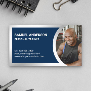 Navy Blue Silver Fitness Personal Trainer Photo Business Card