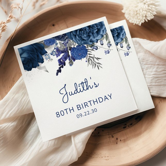 Navy Blue Silver Floral 80th Birthday Party Napkin (Creator Uploaded)