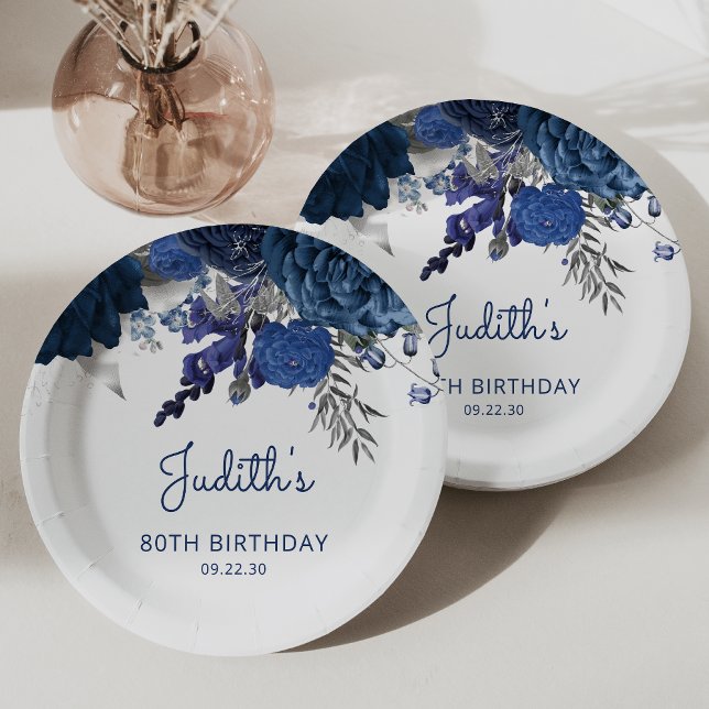 Navy Blue Silver Floral 80th Birthday Party Paper Plate (Creator Uploaded)
