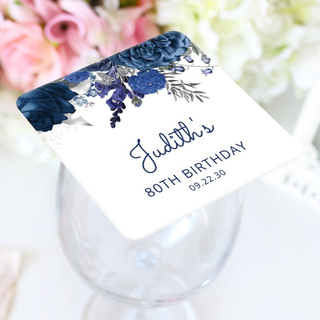 Navy Blue Silver Floral 80th Birthday Party Square Paper Coaster (Creator Uploaded)