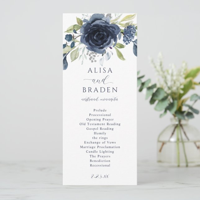 Navy Blue Silver Floral Botanical Greenery Wedding Programme (Standing Front)
