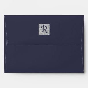 Navy Blue   Silver Floral Custom Monogram Wedding Envelope