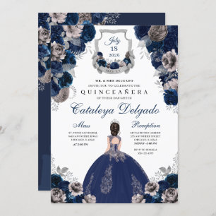 Navy Blue & Silver Floral Elegant Quinceañera Invitation