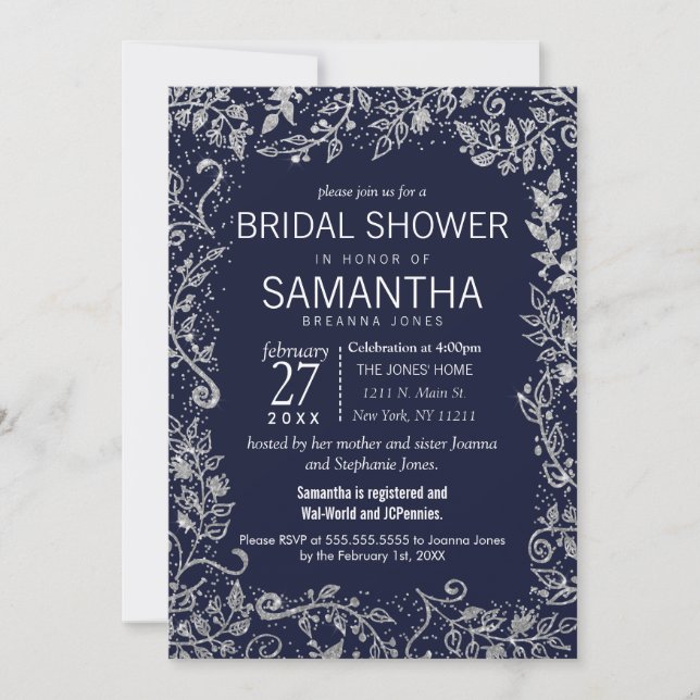 Navy Blue Silver Floral Glitter Bridal Shower Invitation (Front)