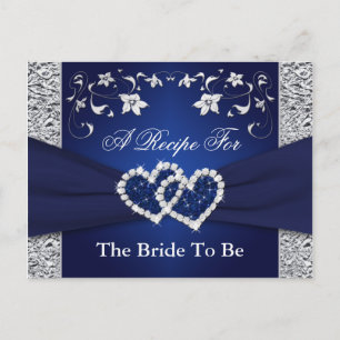 Navy Blue, Silver Floral Hearts Recipe Card