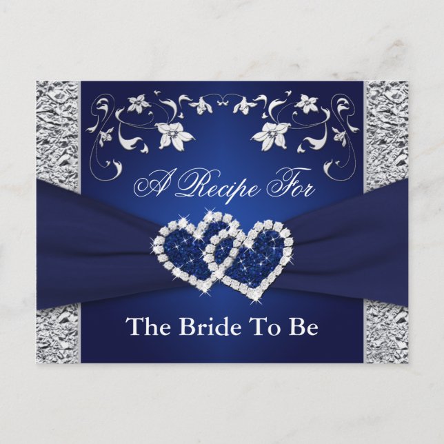 Navy Blue, Silver Floral Hearts Recipe Card (Front)