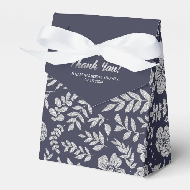 Navy Blue Silver Floral Pattern Bridal Shower  Favour Box (Front Side)