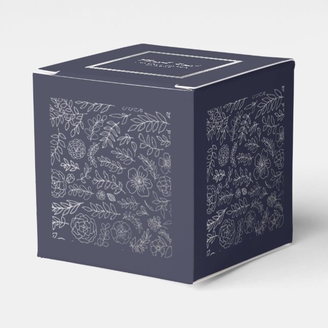 Navy Blue | Silver Floral Pattern Wedding  Favour Box (Front Side)
