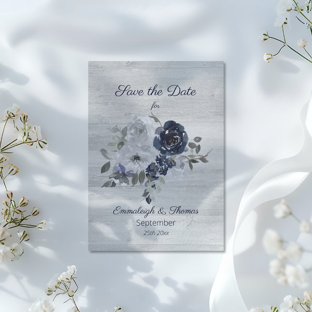 Navy Blue Silver Floral Photo Save the Date (Creator Uploaded)