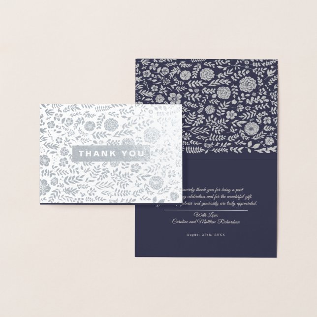 Navy Blue Silver Floral Thank You Wedding  Foil Card (Display)