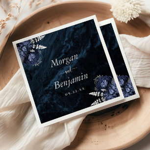 Navy Blue Silver Floral Wedding Napkin