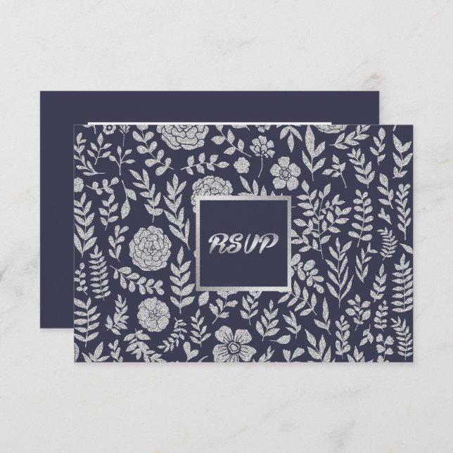 Navy Blue | Silver Floral Wedding RSVP Card (Front/Back)