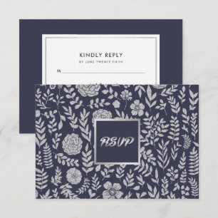 Navy Blue Silver Floral Wedding RSVP Card