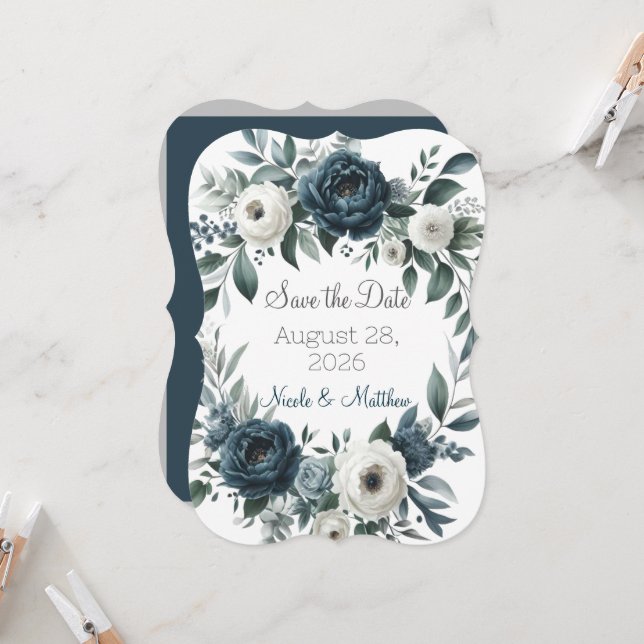 Navy Blue & Silver Floral Wedding Save The Date (Front/Back In Situ)