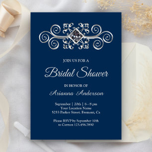 Navy Blue Silver Flourish Diamond Bridal Shower Invitation