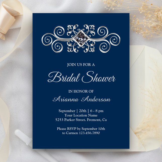 Navy Blue Silver Flourish Diamond Bridal Shower Invitation (Creator Uploaded)