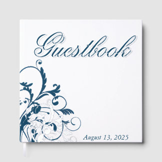 Navy Blue Silver Flourish Guest Book