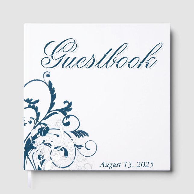 Navy Blue Silver Flourish Guest Book (Front)