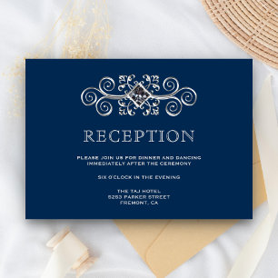 Navy Blue Silver Flourish Reception Enclosure Invitation