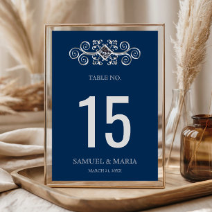 Navy Blue Silver Flourish Wedding Table Number