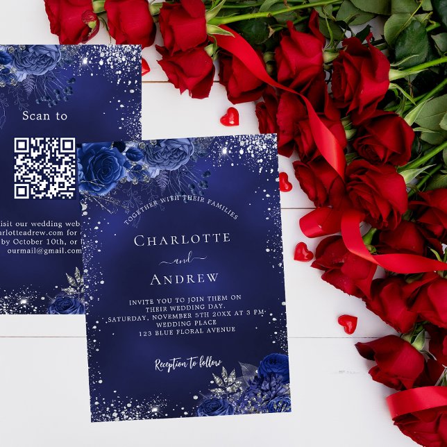Navy blue silver flowers QR RSVP luxury wedding Invitation (Creator Uploaded)