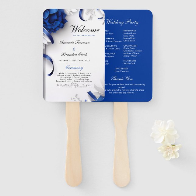 Navy Blue & Silver Flowers Ribbons Wedding Program Hand Fan (Front and Back)