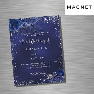 Navy blue silver flowers script luxury wedding magnetic invitation