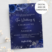 Navy blue silver flowers script wedding