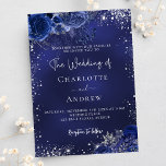 Navy blue silver flowers script wedding invitation postcard<br><div class="desc">A navy blue background,  decorated with faux silver glitter,  sparkles and blue florals. The blue colour is uneven. Personalise and add your names and details.</div>