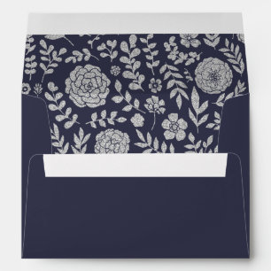 Navy Blue   Silver Foil Floral Wedding Envelope
