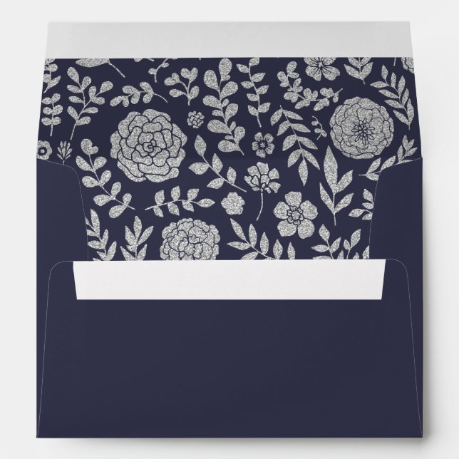 Navy Blue | Silver Foil Floral Wedding Envelope (Back (Bottom))