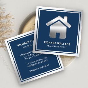 Navy Blue Silver Foil Home Logo Real Estate Agent Square Business Card