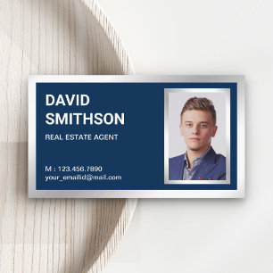 Navy Blue Silver Foil Real Estate Realtor Photo Business Card