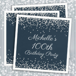 Navy Blue Silver Glitter 100th Birthday Party Napkin