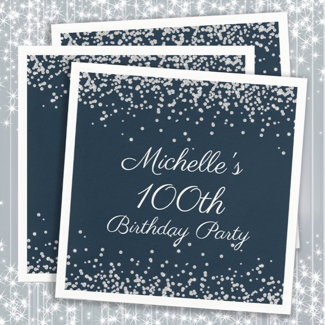 Navy Blue Silver Glitter 100th Birthday Party Napkin (Navy blue and silver glitter custom 100th birthday party paper napkins)