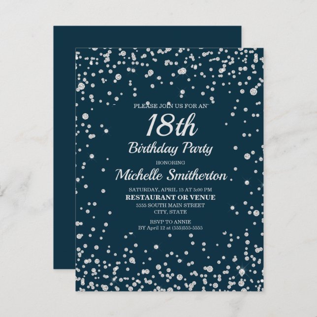 Navy Blue Silver Glitter 18th Birthday Card (Front/Back)