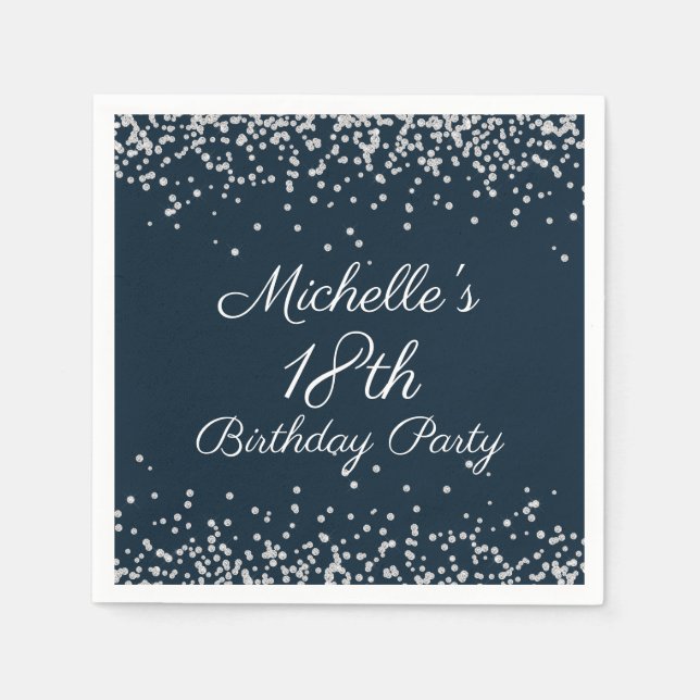 Navy Blue Silver Glitter 18th Birthday Party Napkin (Front)