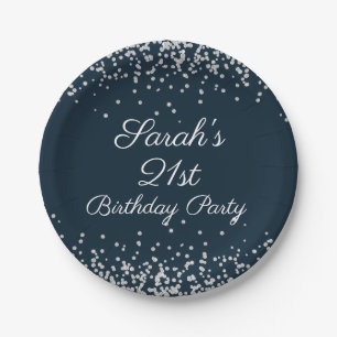 Navy Blue Silver Glitter 21st Birthday Party Paper Plate