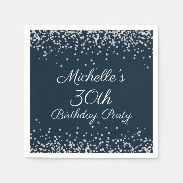 Navy Blue Silver Glitter 30th Birthday Party Napkin (Front)