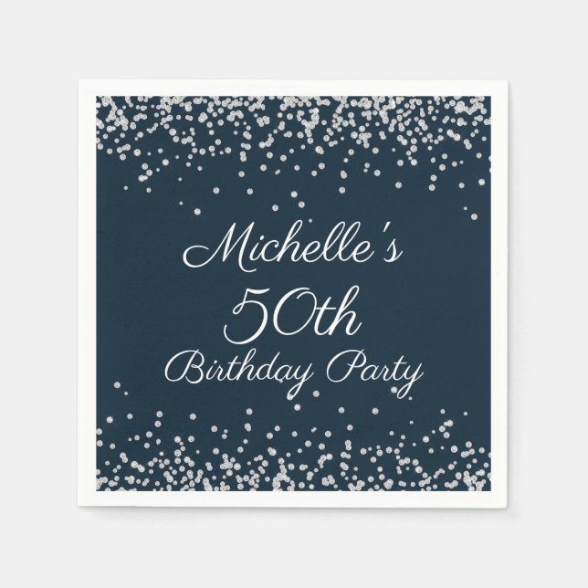 Navy Blue Silver Glitter 50th Birthday Party Napkin (Front)