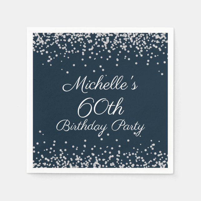 Navy Blue Silver Glitter 60th Birthday Party Napkin (Front)