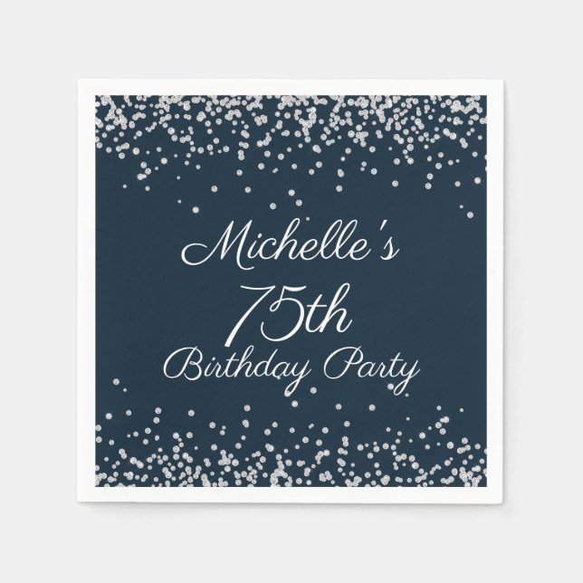 Navy Blue Silver Glitter 75th Birthday Party Napkin (Front)