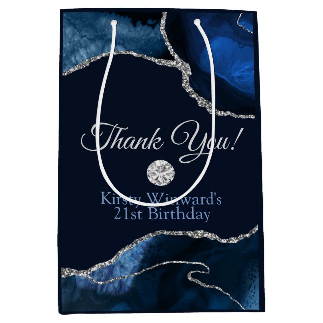 Navy Blue Silver Glitter Agate Birthday Thank You Medium Gift Bag (Front)
