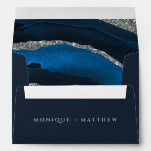 Navy Blue & Silver Glitter Agate Custom Wedding Envelope