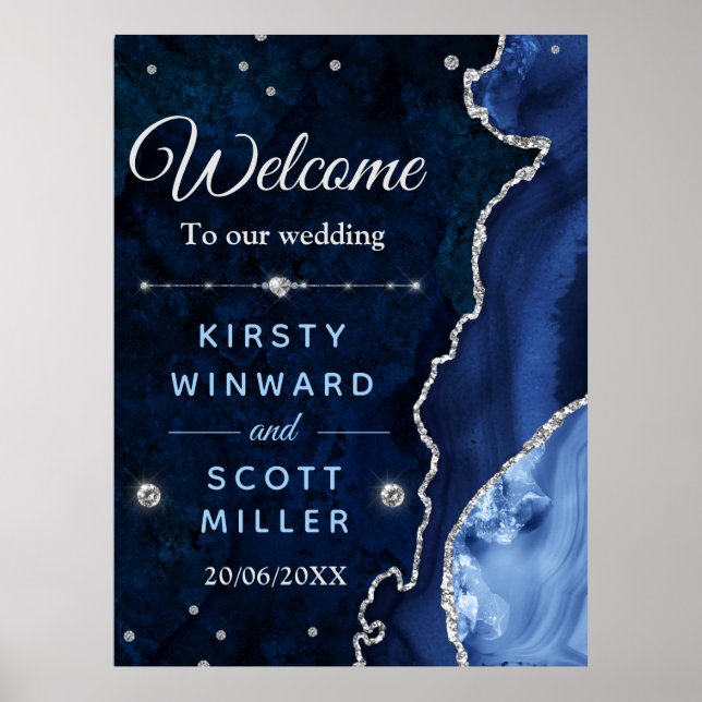 Navy Blue & Silver Glitter Agate & marble Wedding  Poster (Front)